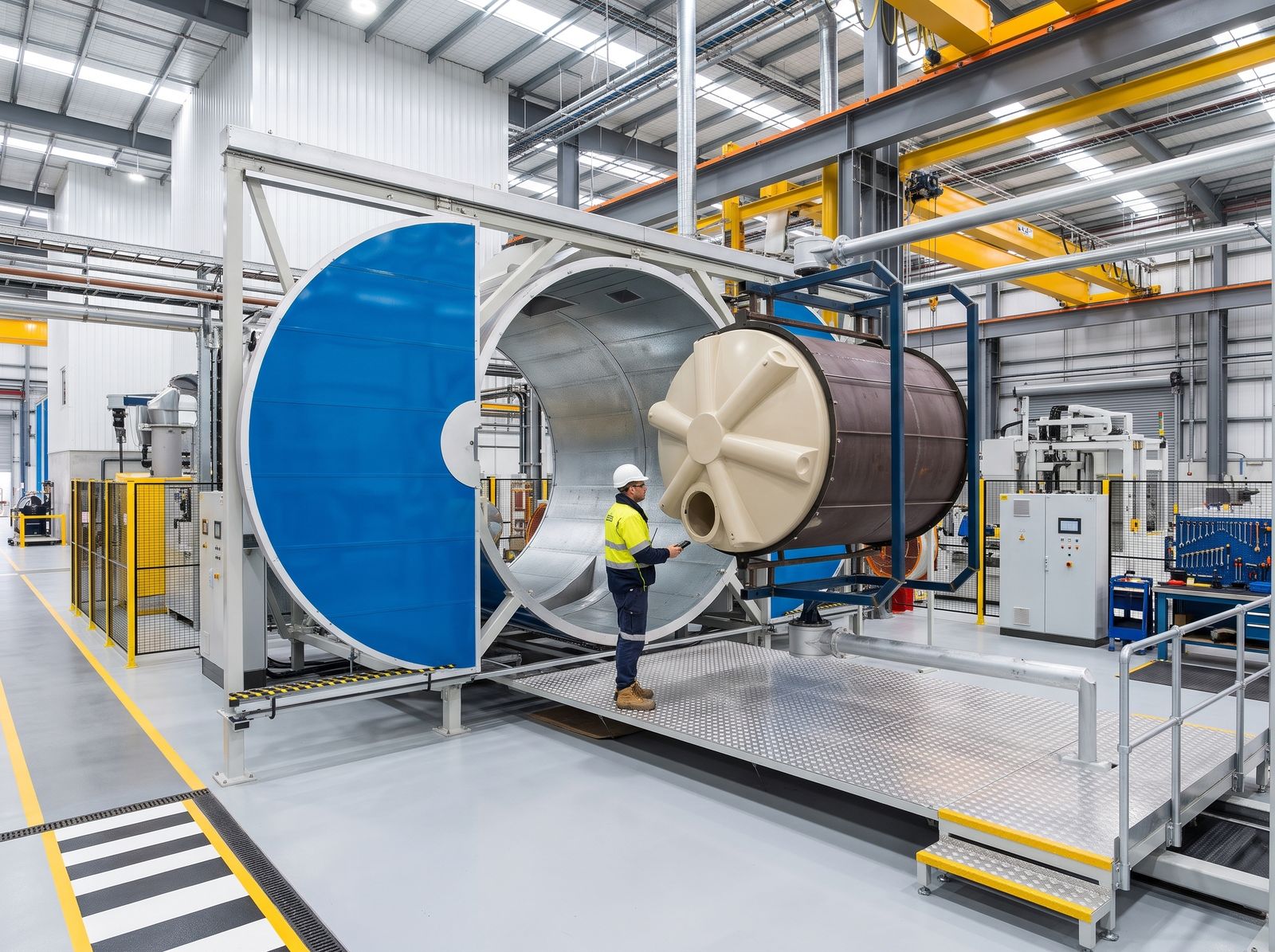 Rotatiegietmachine met een grote mal voor een holle tank