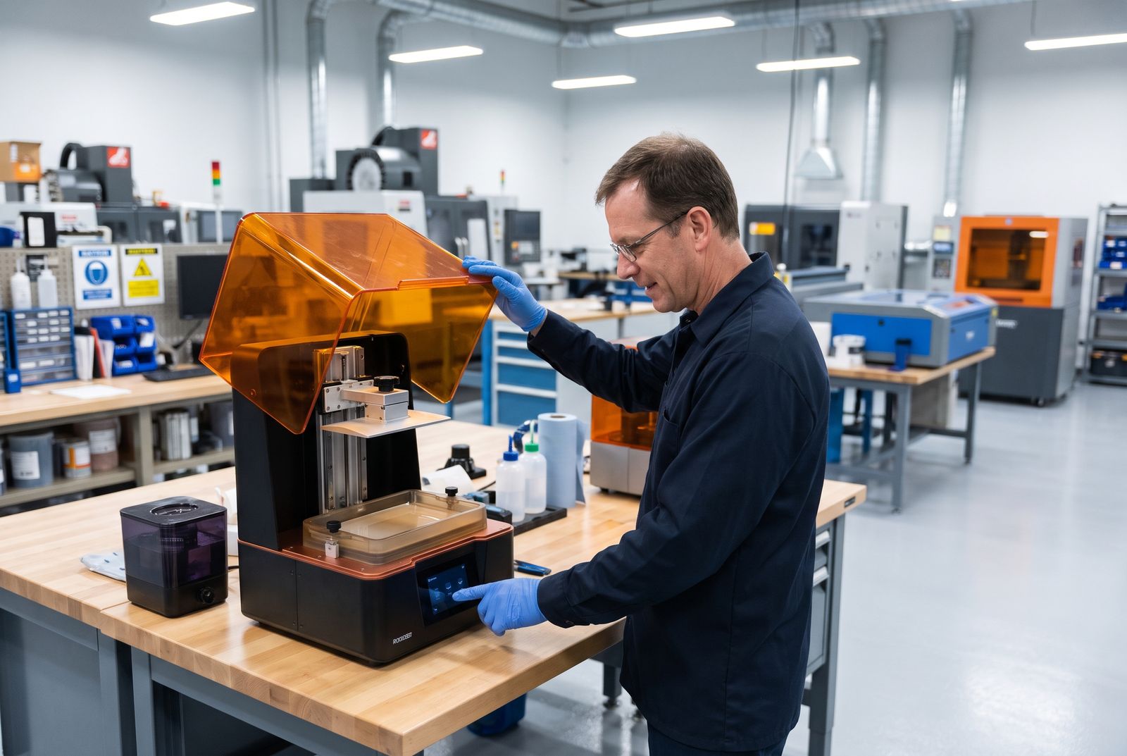 SLA 3D printer in een werkplaats