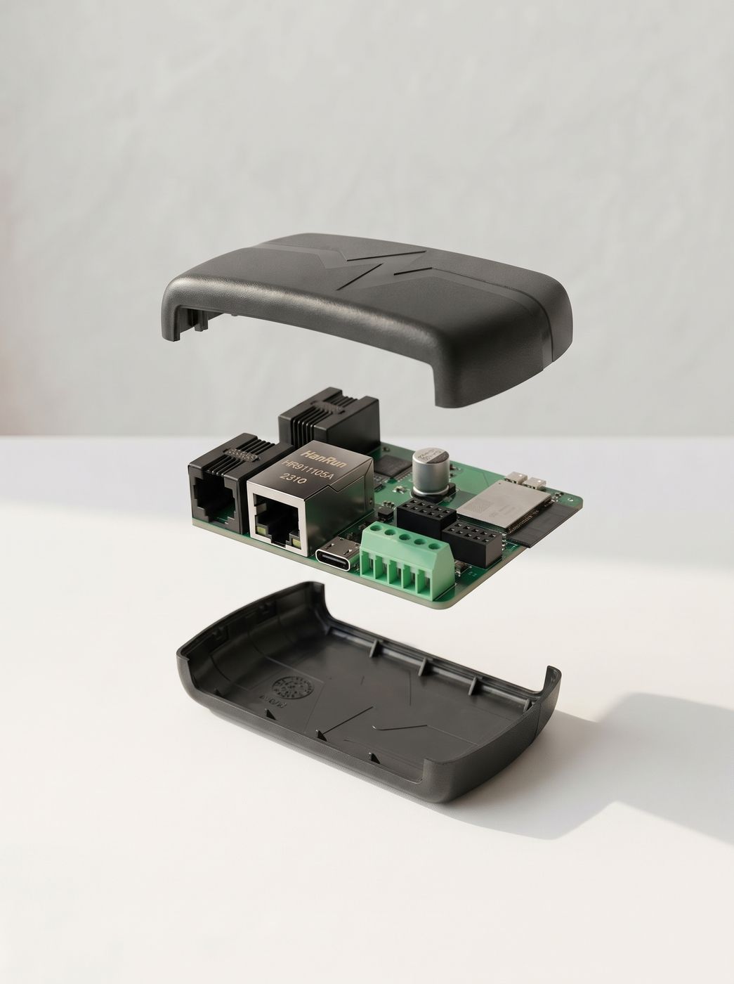 Exploded view van de universele spuitgietbehuizing